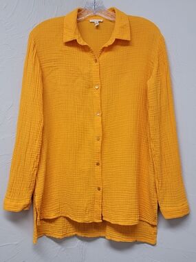 Eileen Fisher Button Up Shirt XS Orange Crinkle Gauze Cotton Long Sleeve Tunic